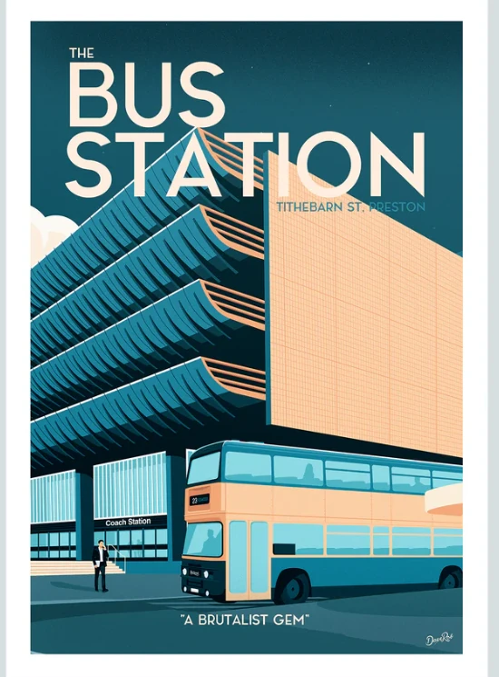 Dave Robinson artwork of Preston Bus Station.