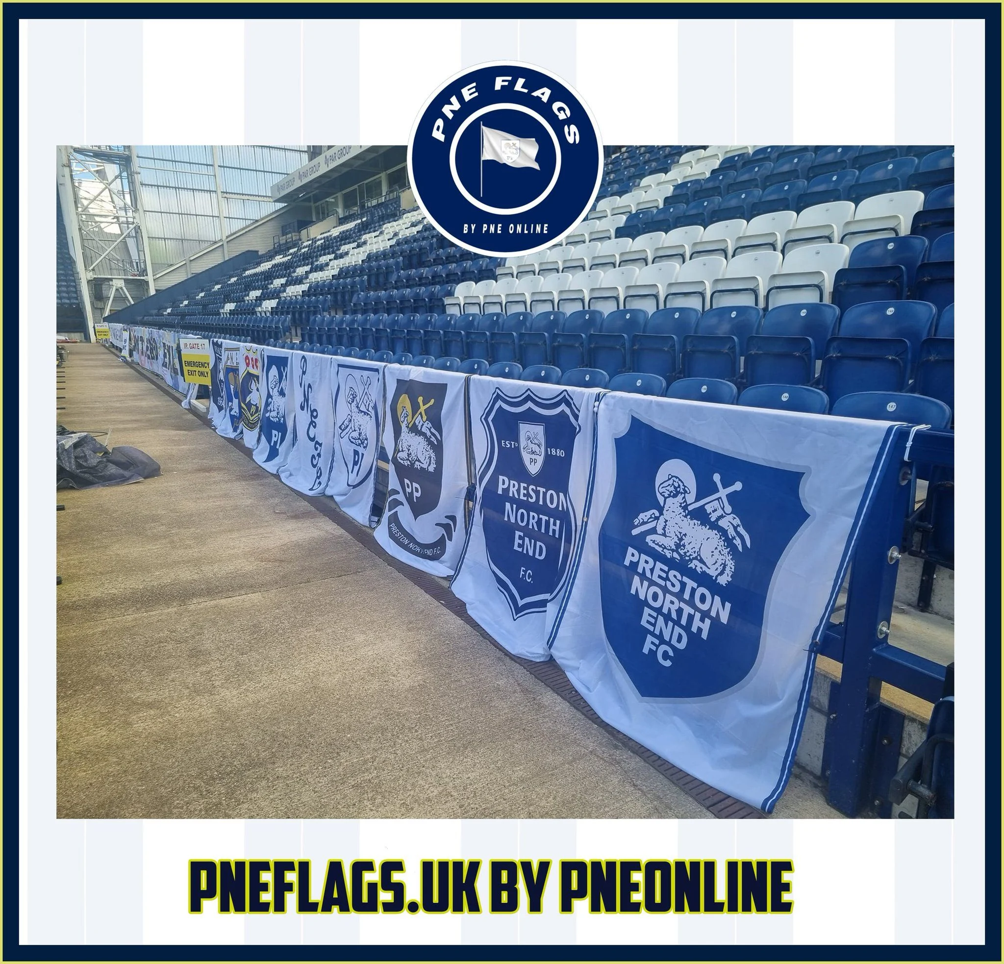 A long row of Preston North End flags along the front of a Deepdale stand.